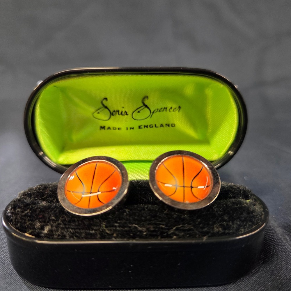 Sonia Spencer Basketball Cufflinks‎ Mens Sports Theme Orange Silver Tone England